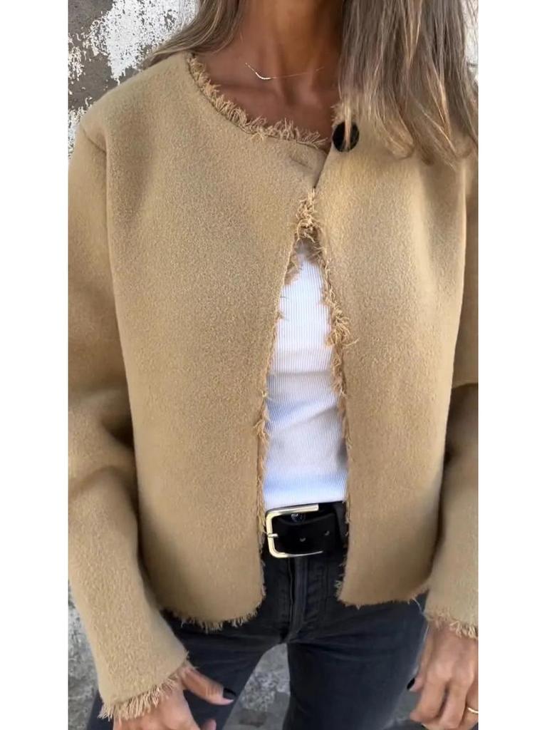 Women's 2025 Fashion Crew Neck Long Sleeve Woolen Coat