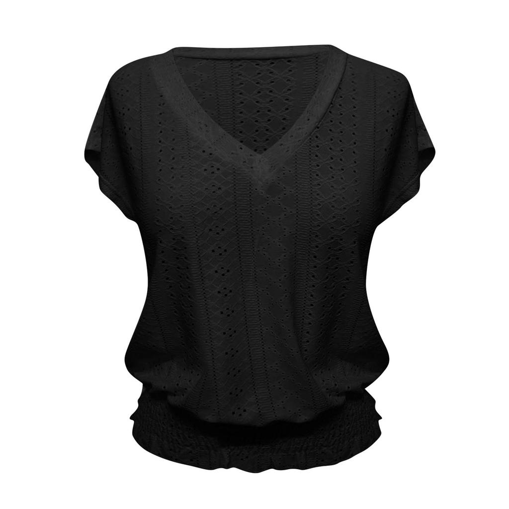Women's Fashion V-neck Solid Color Hollow Short Sleeve Top T-shirt Summer