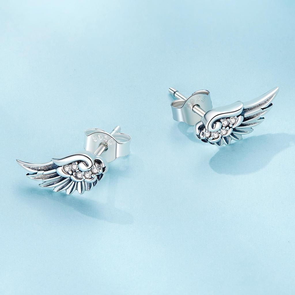 S925 Silver Angel Wings Earrings White Zircon Vintage Wing Stud Earring