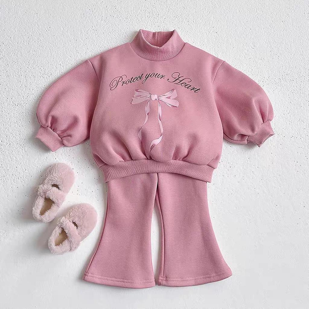 Girls' Winter Two-Piece Set: Princess-Style Velvet Hoodie & Flare Pants