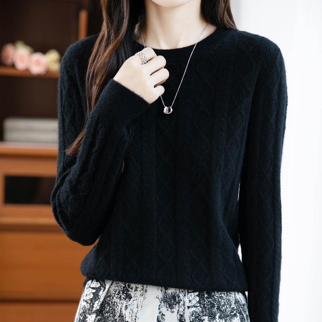 2025 Women's Retro Loose Diamond Pattern Australian Wool Sweater - 100% Wool, Round Neck, Thickened, for Autumn/Winter