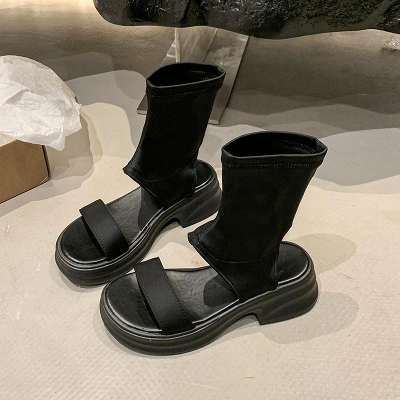 Black high-end cover toe platform sandals women's 2025 new summer wear height increase with skirt short tube cool boots