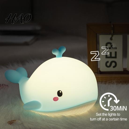 Cute Nursery Bedside Lamp Whale Silicone Touch Night Light, USB Rechargeable with Bedroom Decor 3 Brightness & Remote Control, 30 Min Timer