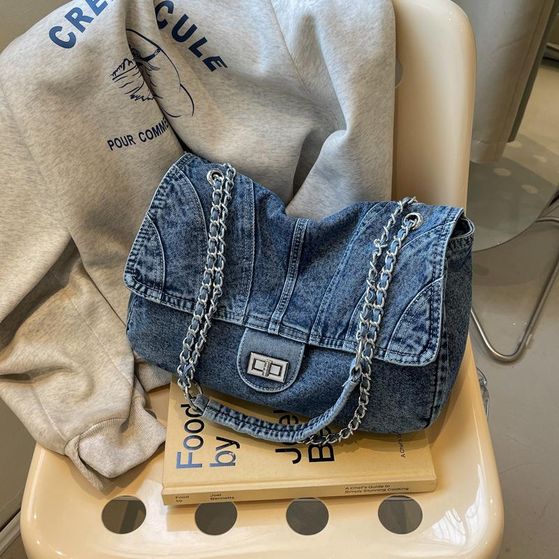 Popular Denim Bag Women's 2025 New Large-capacity Fashion Chain Lock Shoulder Bag Messenger Bag