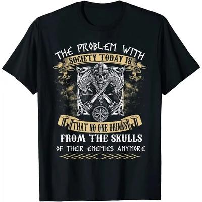 Niemand trinkt mehr aus den Schädeln seiner Feinde Wikingerinschriften T-Shirt 100% Baumwolle O-Ausschnitt Kurzarm Herren T-Shirt