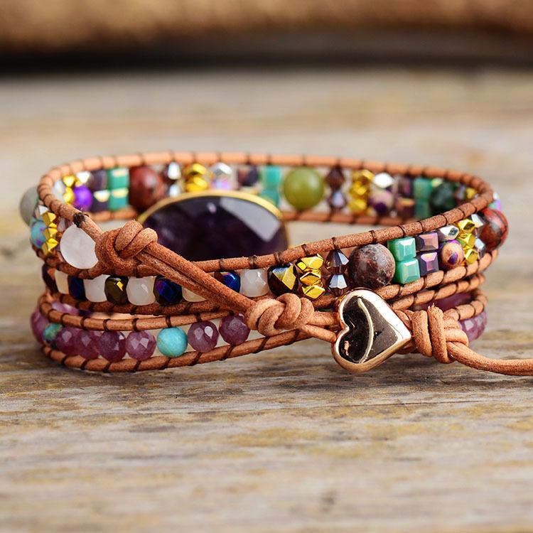BLINGBAY Women's Bracelet Popular Jewelry Amethyst Bracelet Good Luck Friendship Hand Woven Cow Leather Bracelet Modern Jewelry Gift