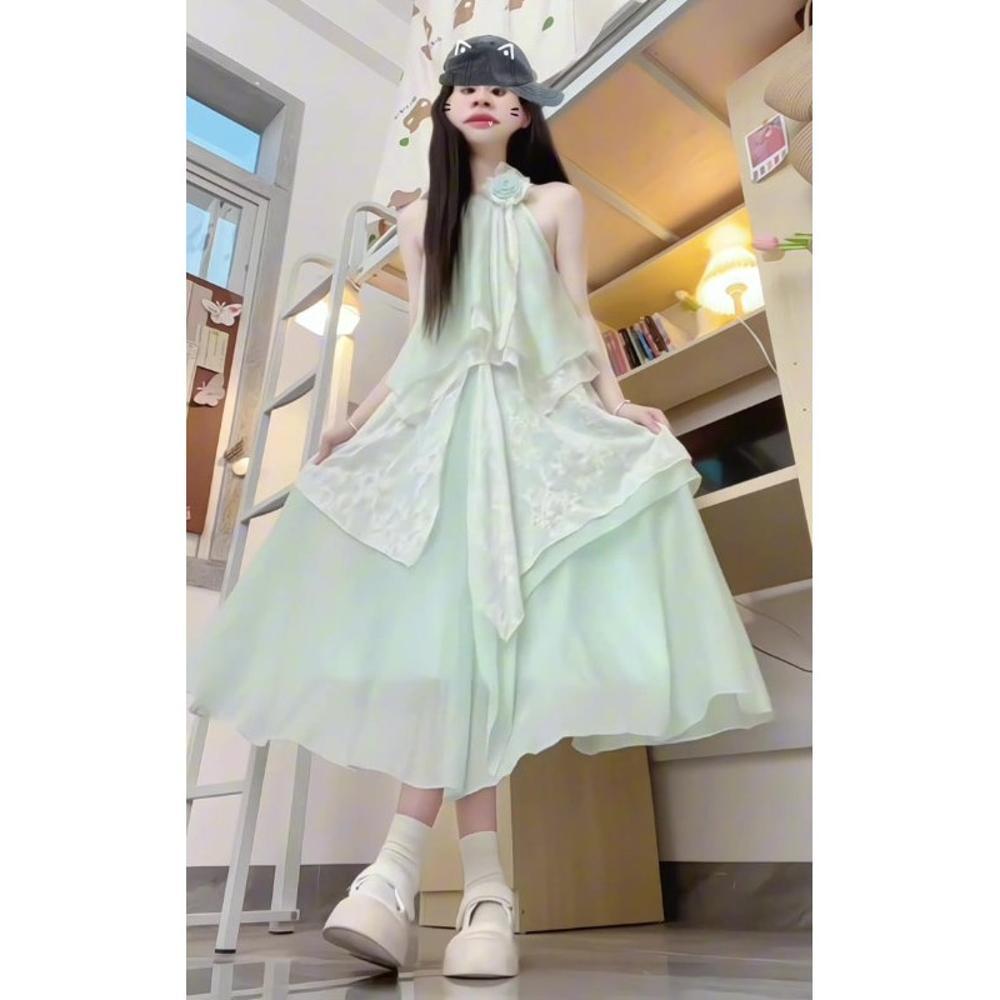 Irregular Lace Panel Loose Temperament Long Skirt Summer Resort Mint Green Sleeveless Halterneck Dress