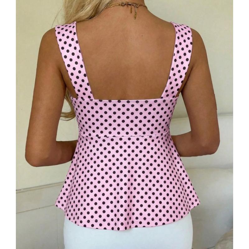 Women Summer New French Polka Dot Drawstring Waist Peplum Hem Cami Top