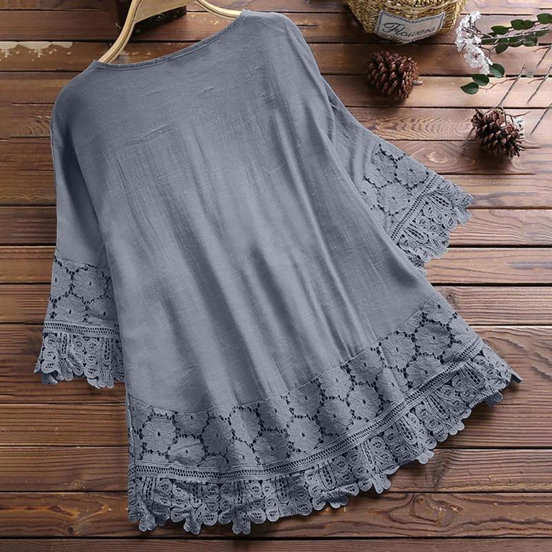 Summer Women Casual Solid Shirt Linen Stitching Lace Flower V-neck Loose Blouse Elegant Holiday Shirts
