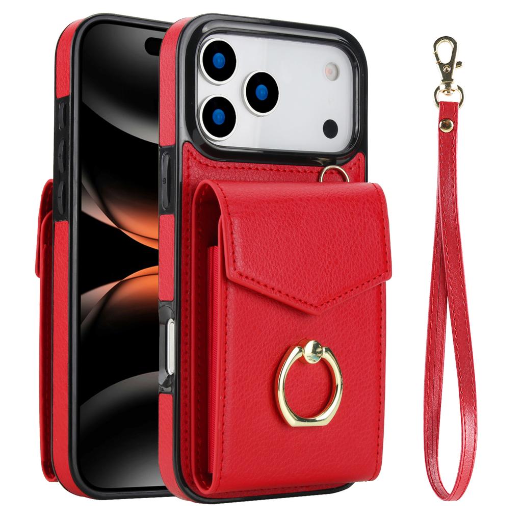 For iPhone 17 Pro Max Case Leather + TPU Accordion Card Bag Phone Cover with Ring Kickstand
