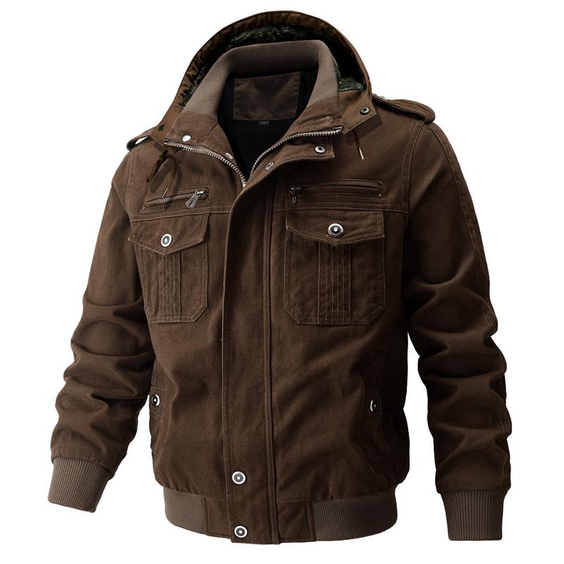 Men's Hooded Military-Style Washed Cotton Jacket with Velvet Lining