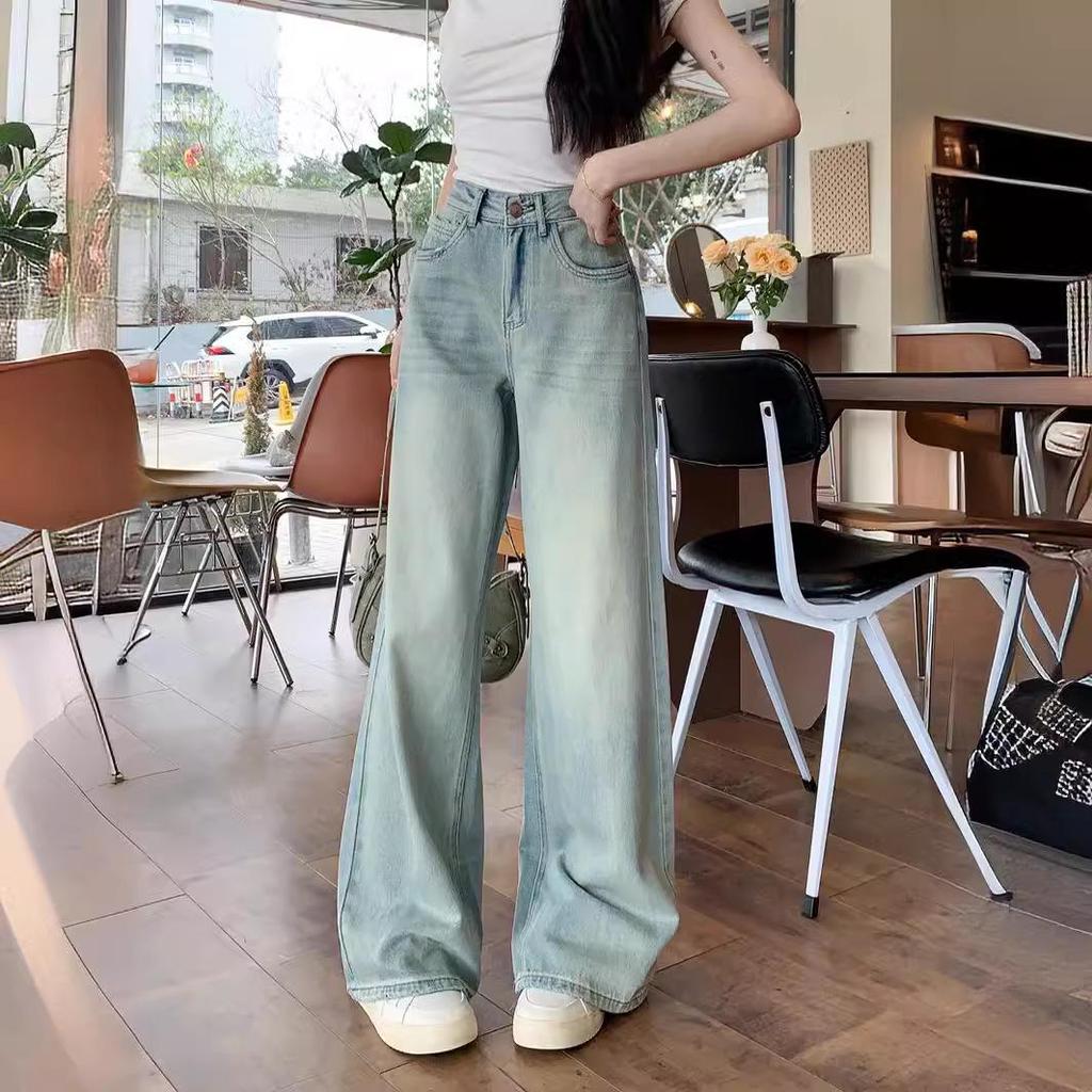 Women's Light Blue High-Waist Wide-Leg Jeans - Casual Summer Style with Versatile Drape
