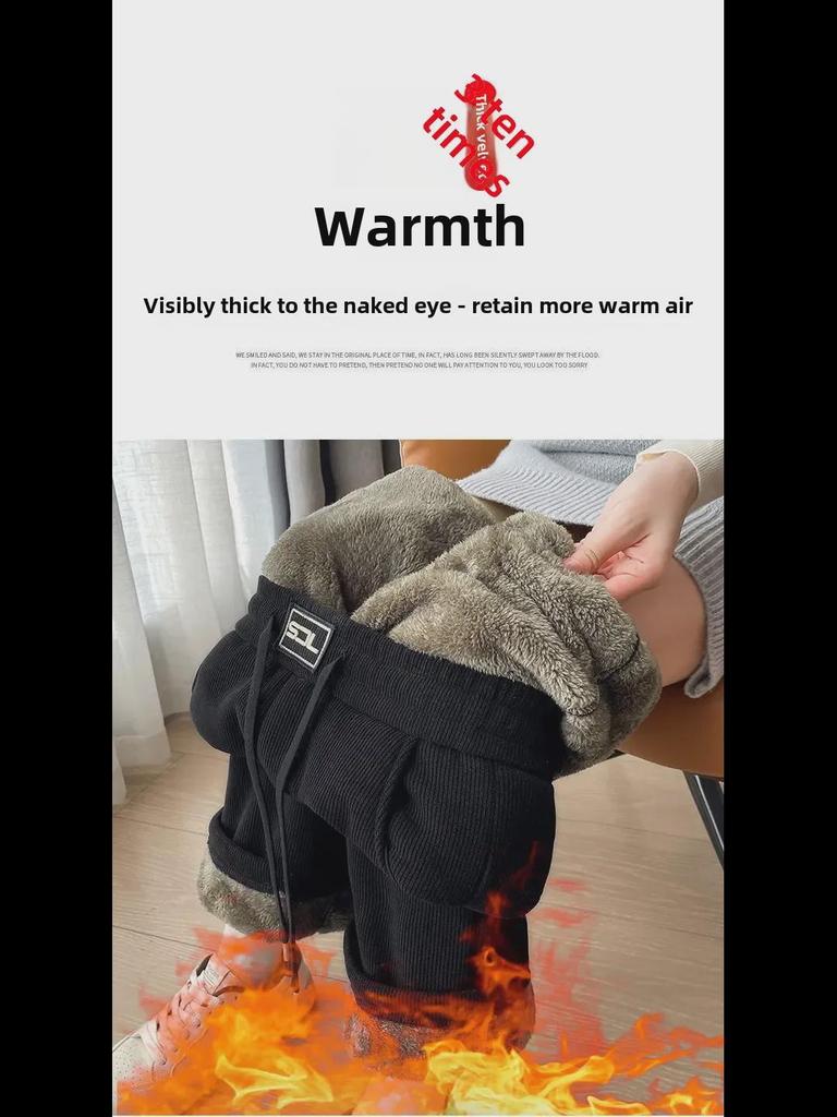 Plus Size Fleece/No-Fleece Extra Thick Lambskin Corduroy Wide-Leg Chenille Pants for Autumn/Winter