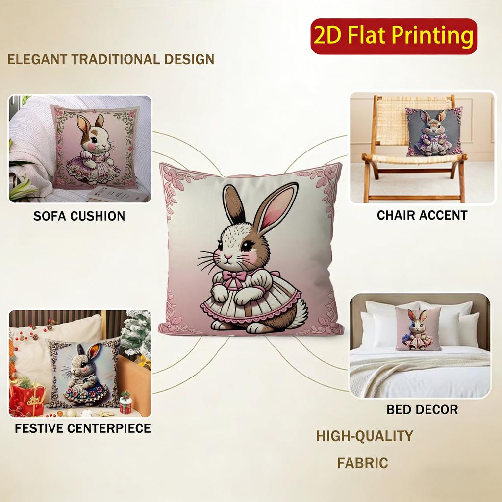2D Cute Bunny Dressed Up Cushion Covers Pattern Cushion Cover Suitable For Sofa Bedroom Car Pillow Cover