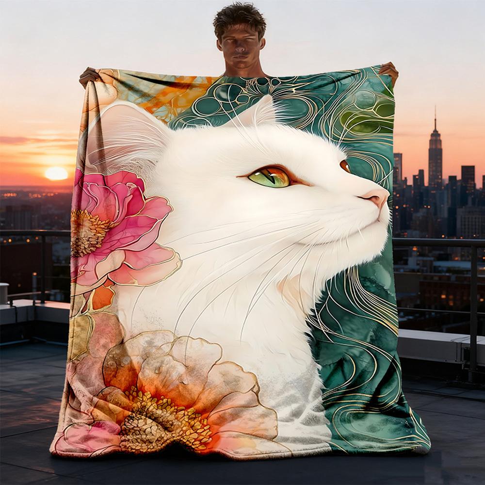 1pc Cat Flowers Outdoor Blanket - Soft Flannel Cozy for Travel & Camping - All-Season Warm Bed Cover, Machine Washable Yy251229062