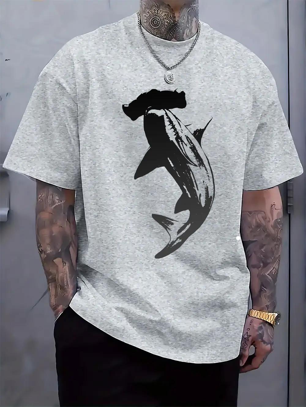 Casual Crew Neck T-shirt with Hammerhead Shark Silhouette Print - Light Gray XXXXL