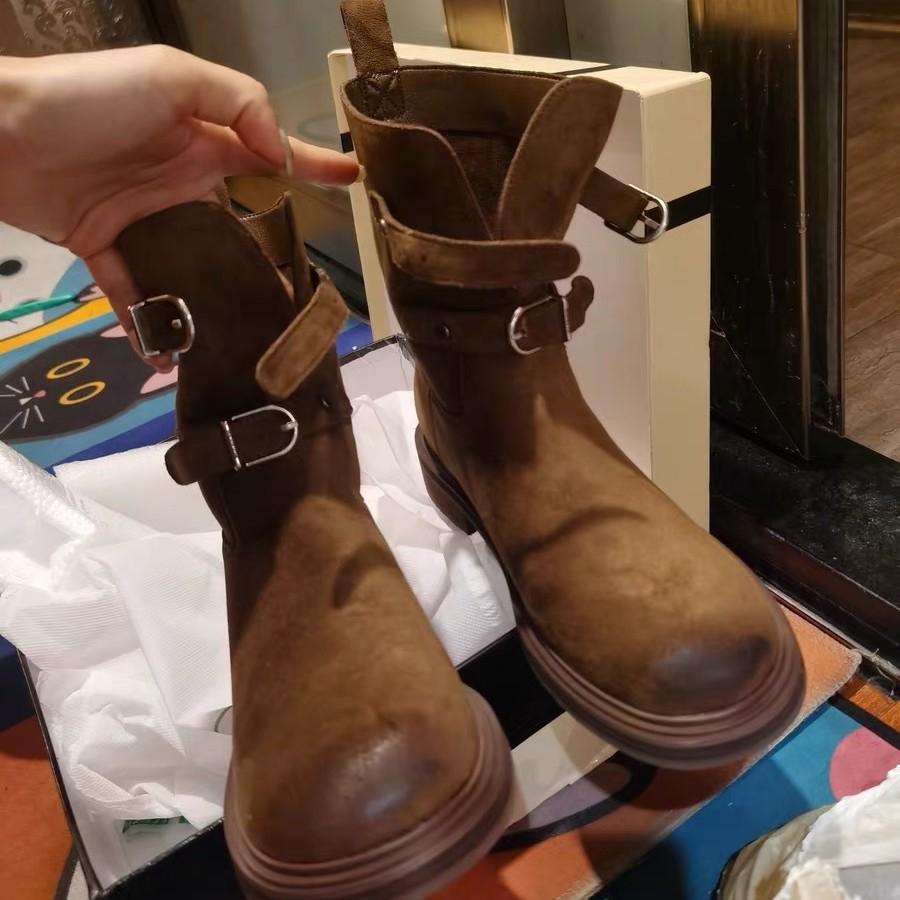 Sheepskin version~ Maillard Lazy Wind Belt Buckle Rub Color Round Head Western Cowboy Boots Women's Coarse Heel Short Boots Martin Boots