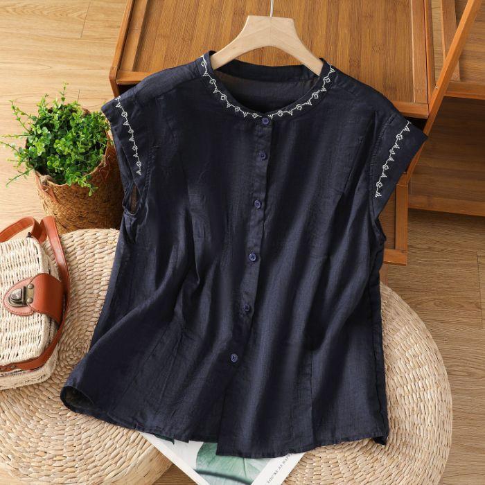Summer new style unique literary retro sleeveless camisole women's outer wear embroidered vest cotton and linen temperament shirt