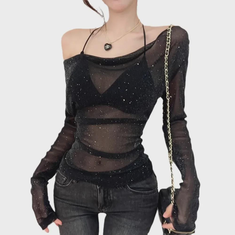 Sheer V-Neck Long-Sleeve Top: Mesh Design, Slim Fit, Chic Spring/Autumn Women's Outerwear.