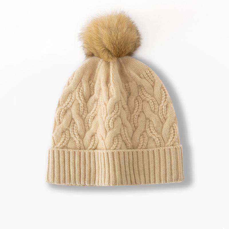 

New Style Women s High End Solid Color Striped Fur Ball Thickened Warm Fashion Knitted Casual Hat one size