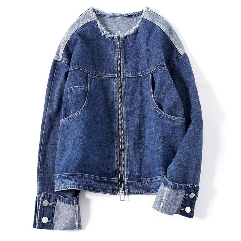 Solid Color Denim Coat Spring Autumn Casual Stand Collar Zipper Fashion Pockets Tassel Spliced Jackets