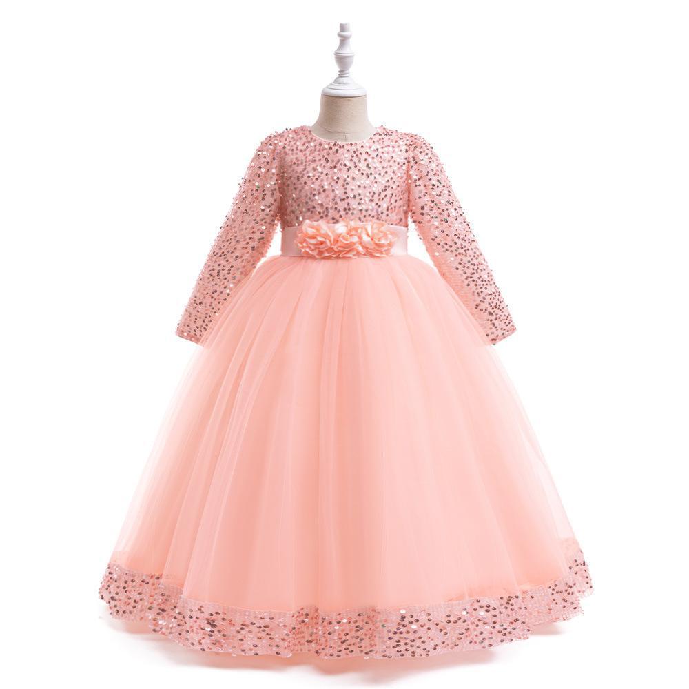 2024 Girls' Sequin Long Sleeve Evening Dress for Catwalk and Events