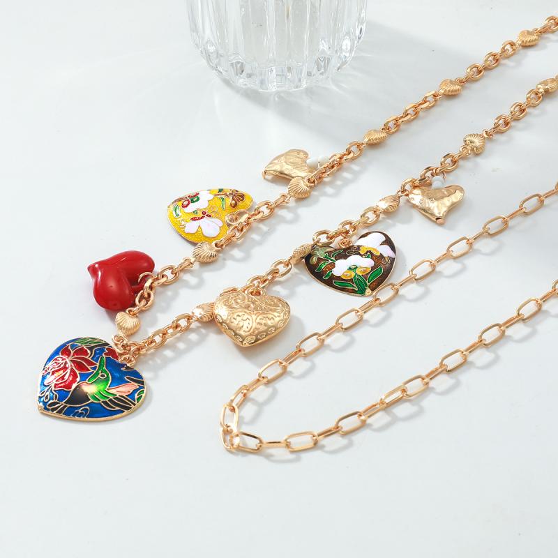 2Pcs/Set Bohemia Heart-Shaped Flower Pendant Multi-Layer Necklace For Women Summer Vacation Style Party Jewelry Neck Accessories
