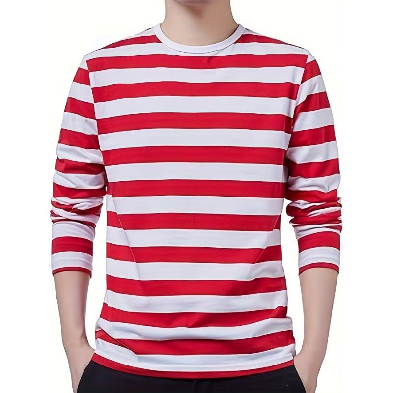 Herren Rote und Weiße Gestreifte Langarm-T-Shirts für Herbst und Winter, Unterhemden, Geeignet für Sport S white