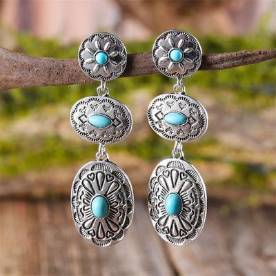 Nuovi Orecchini Pendenti Ovali Vintage con Nappa Turchese e Motivo Creativo