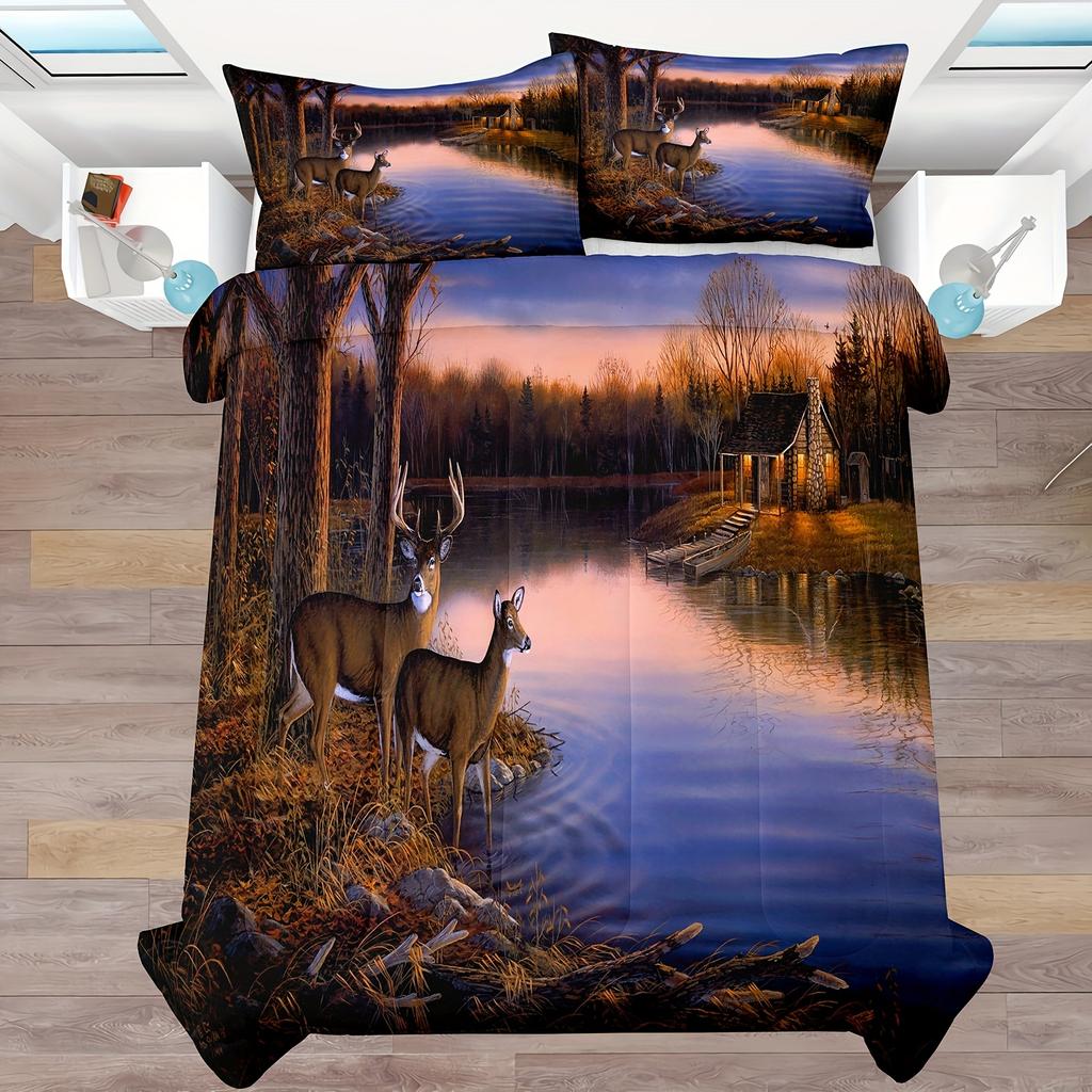 Comforter 2/3-Pcs Digital Printed Deer 3D Bedroom Machine Washable Bedding Set Super Soft Suitable For All Seasons