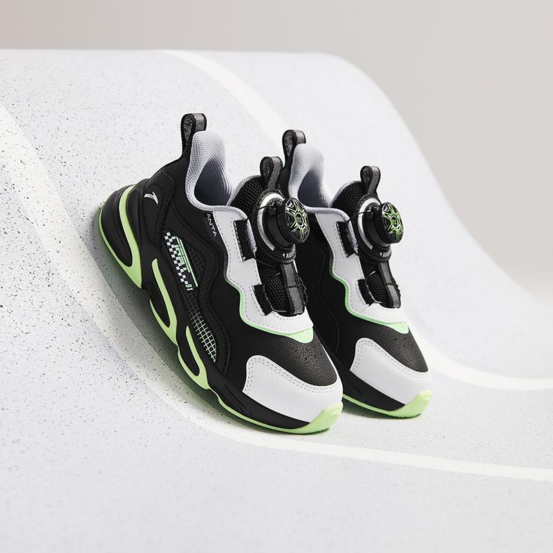Anta Kids Synthetic Leather Trendy Versatile Lightweight Shock Absorbing Low Top Running Shoes Kids sneaker Black White Green A12439919N-1