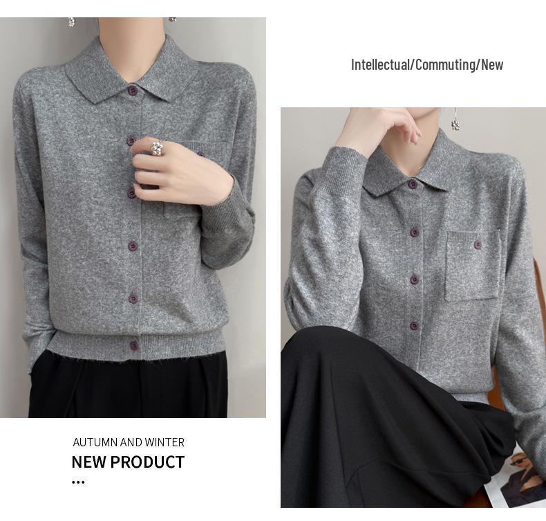 Women's Autumn Lapel Pocket Wool Cardigan – Long Sleeve Solid Color Knit Outerwear