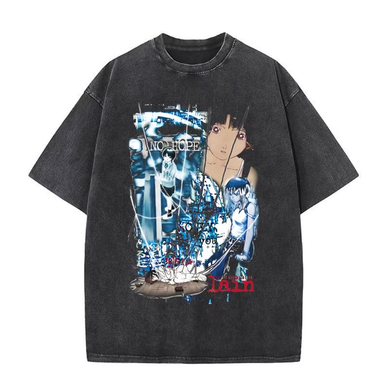 Anime Giapponese Seriale EsperiUnisexts Lain Vintage Lavato Maglietta Unisexga Iwakura Ragazza Sci Fi T-shirt Unisex Cotone Casuale Maglietta