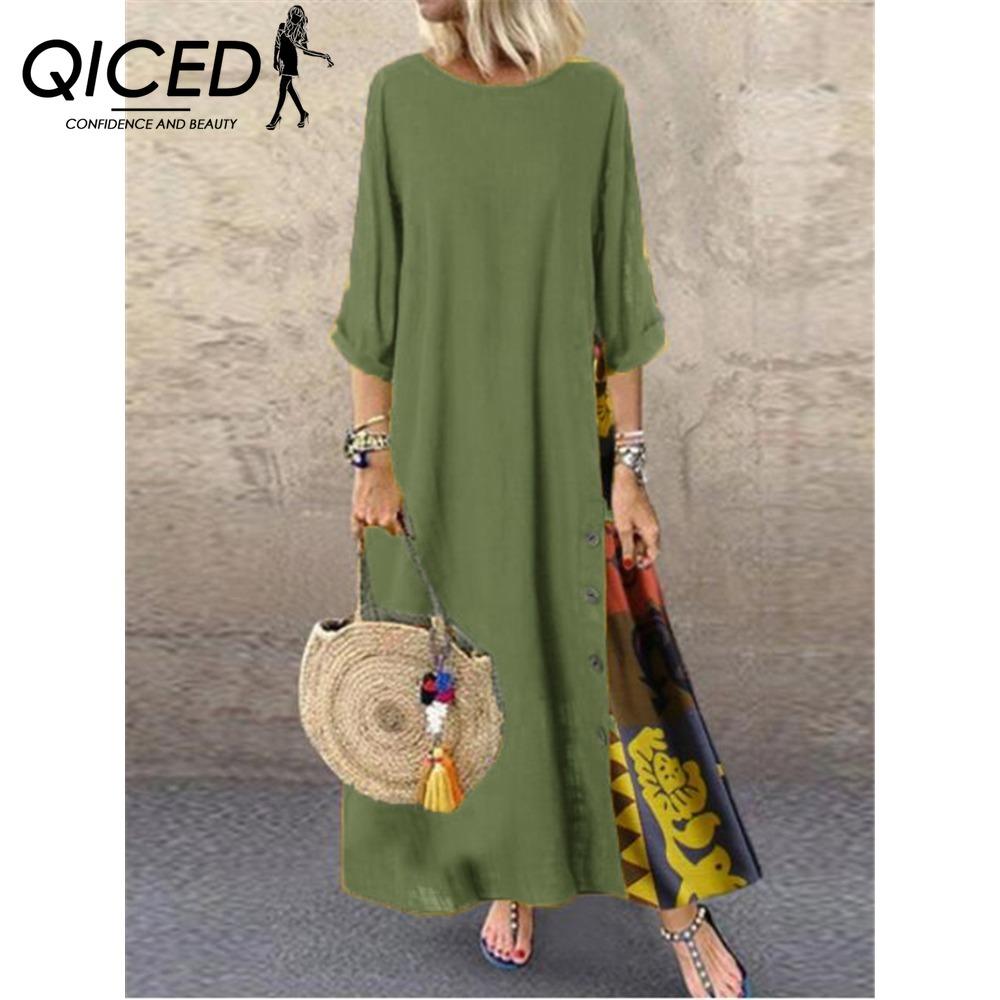 QICED 12 color Women Fashion Casual Loose Long Sleeve Floral Print Party Maxi Dress Plus Size Vestidos Longos Robe