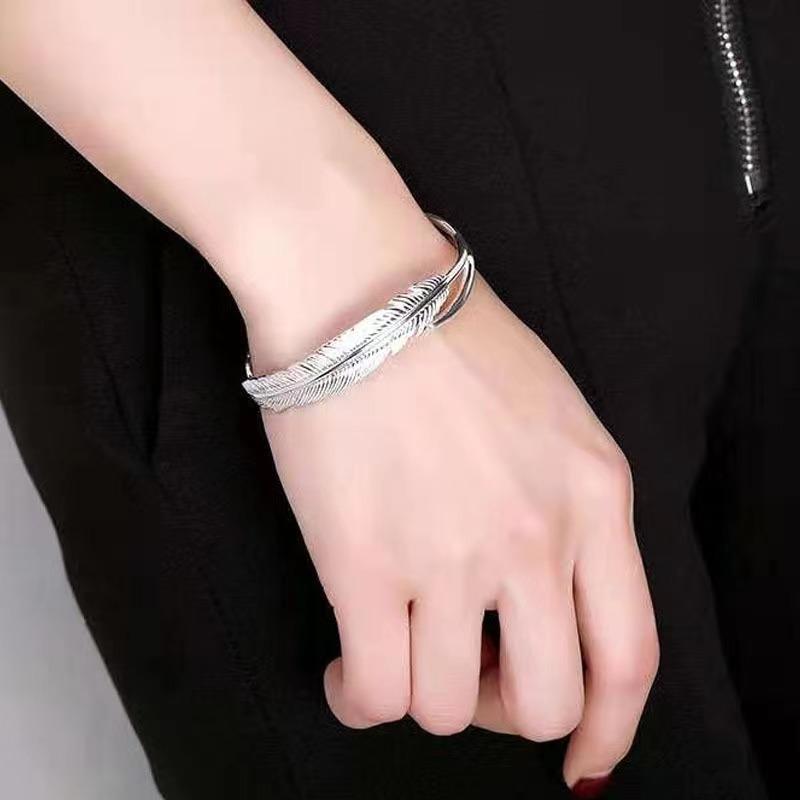 Retro Geometric Double Feather Open Bracelet Simple Personality Ring Leaf Bracelet Couple Geometric Bracelet