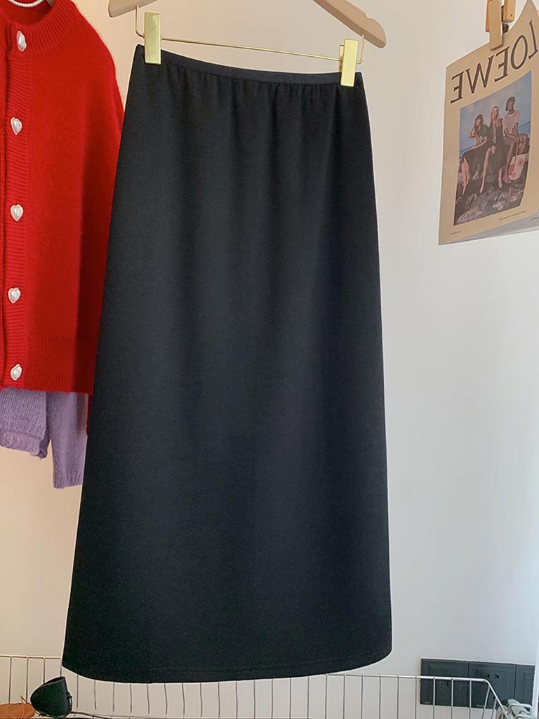 2025 Plus Size Women's Elastic Waist Woolen A-line Skirt with Back Slit, Autumn Winter Slimming Design