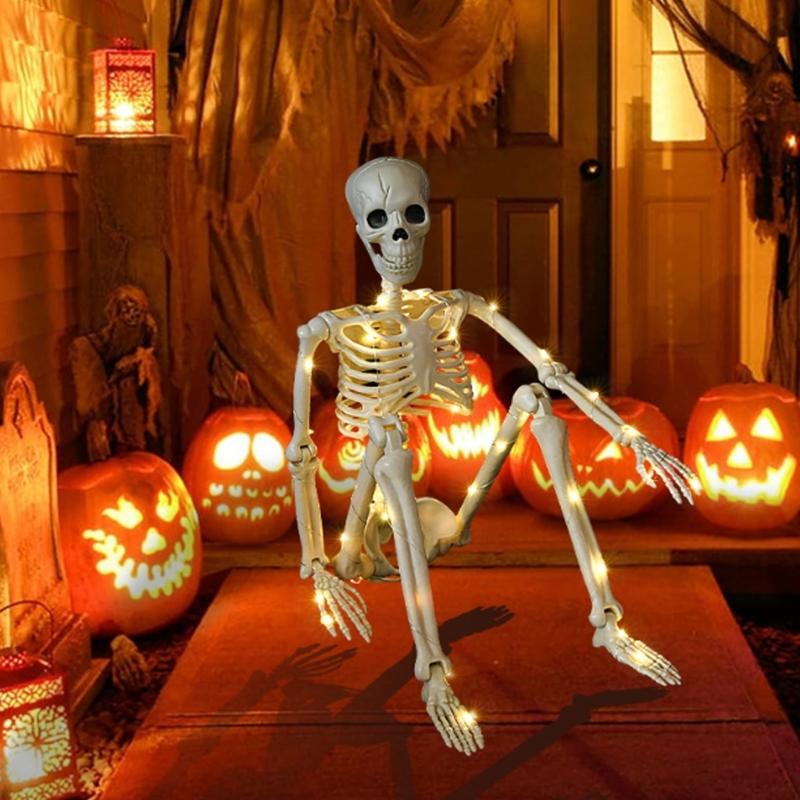 Poseable Full Body Human Skeleton Decors Haunting Halloween Party Skeleton with LED Green Lights for Scary Atmosphere