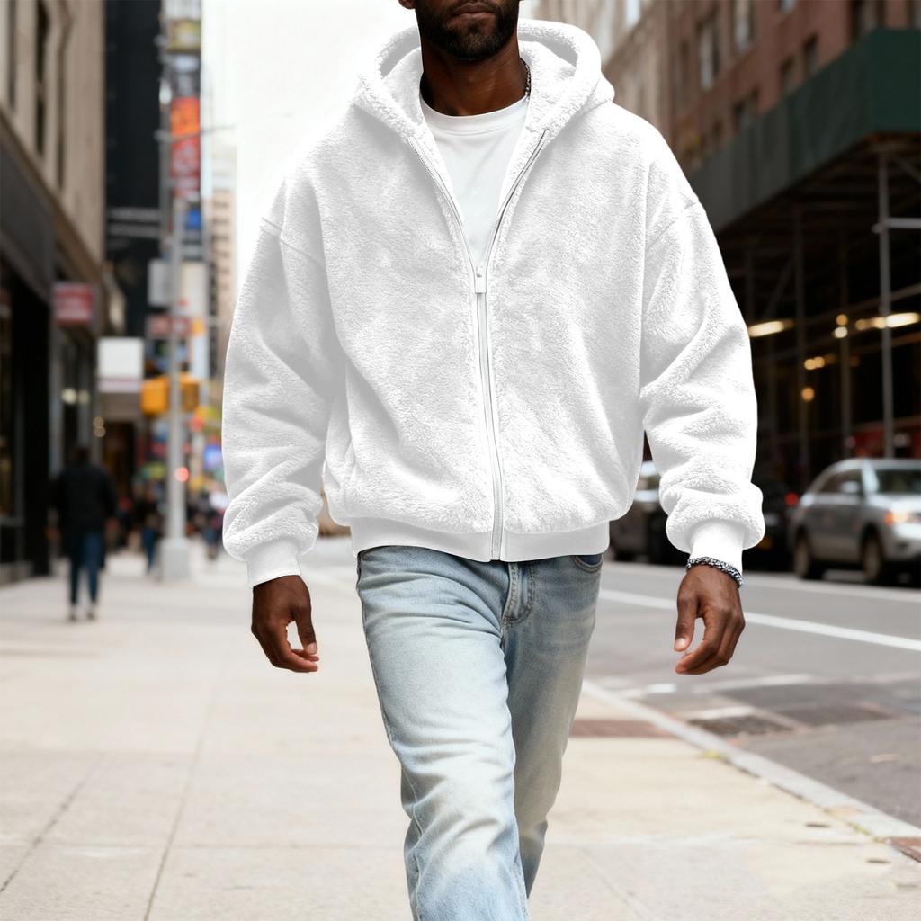 Herr Fuzzy Zip Hoodie Sweatshirt Plyschjacka med dragkedja med huva för