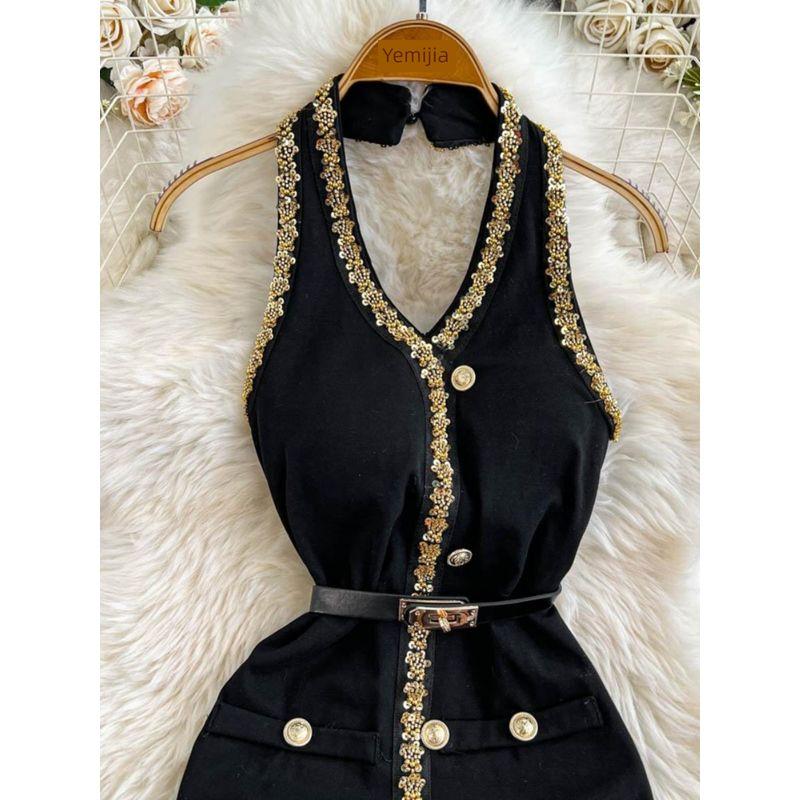 French Style Classic Style Fancy Beaded Sequins V-neck Halter Sleeveless Waist-Tight Sheath Strap Showing Chest Pad Dress