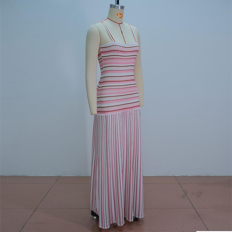 Vestido de punto de tirantes a rayas para mujer, de verano, nuevo, fresco, ajustado a la cintura, sin espalda
