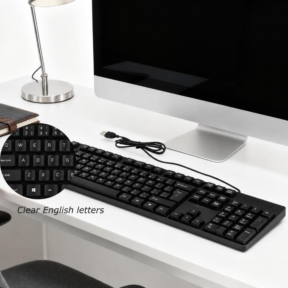 104 Keys Wired Keyboard 1.5m Cable USB Keyboard Ergonomic English Keyboard Office