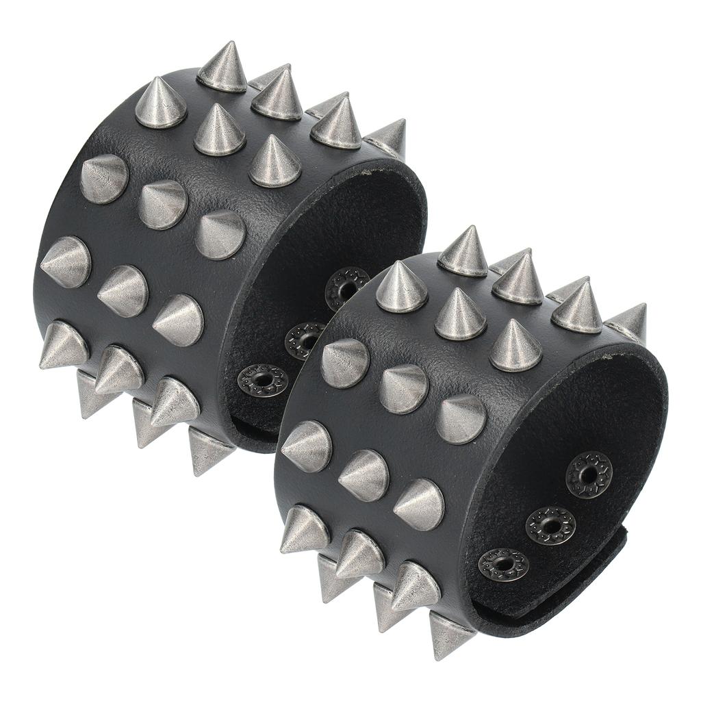 2Pcs Punk Wristband Vintage Wide Faux Leather with Spikes Decoration Retro Bracelets