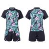Girls 2 Piece Floral Print Swim Set Round Neck Short Sleeve Top Elastic Waist Boyshorts Beach Bathing Suit Swimsuit