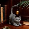 Cat Stretching Figurine Home Decor Resin Cat Featuring Bell On Tail Animal Garden Sculpture For Yard Entryway Desk Living Room
