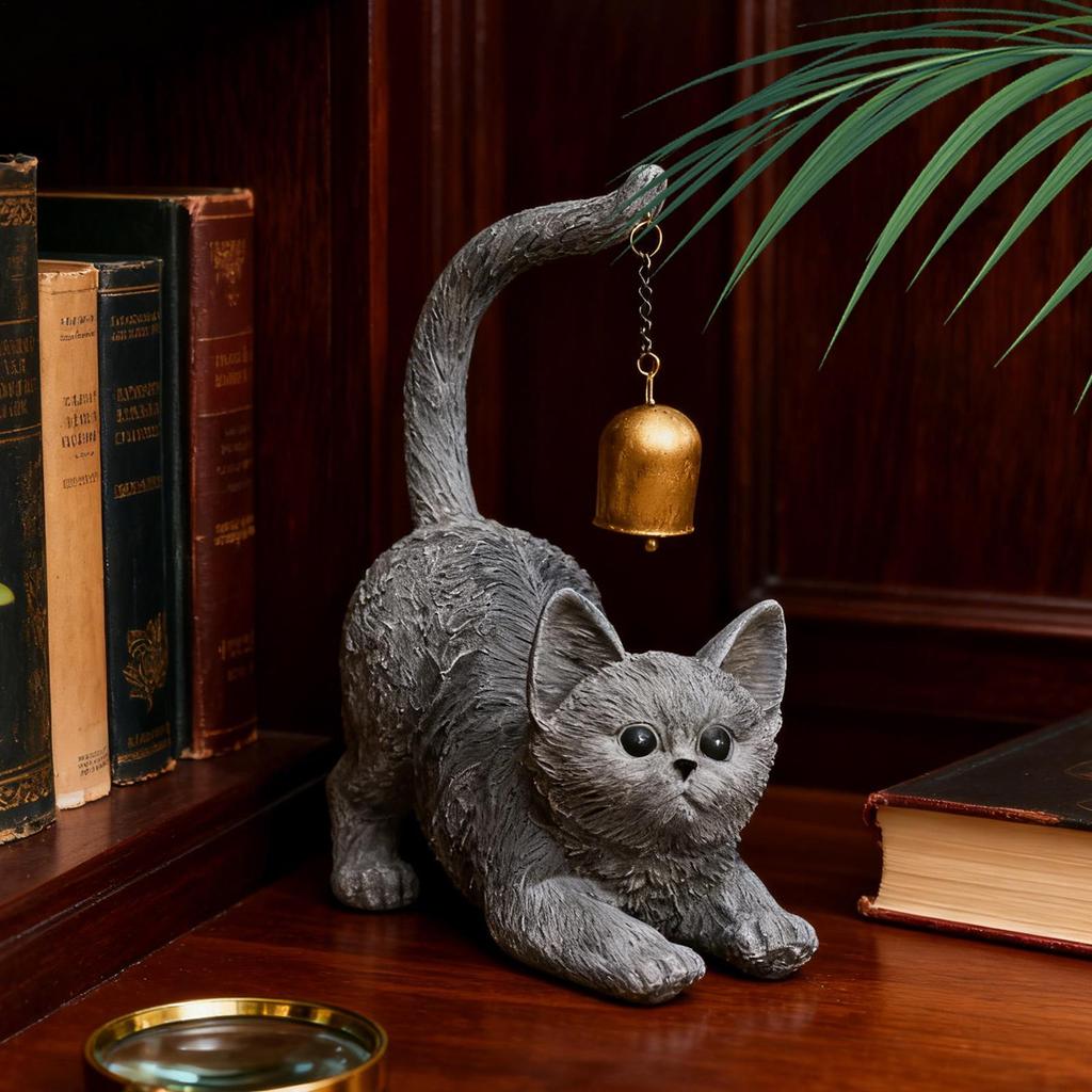 Cat Stretching Figurine Home Decor Resin Cat Featuring Bell On Tail Animal Garden Sculpture For Yard Entryway Desk Living Room