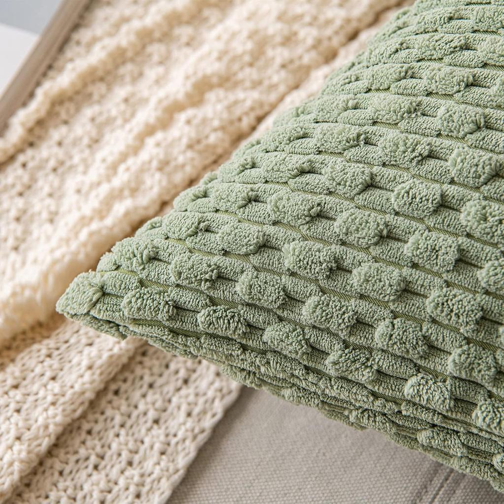 Green Pillow Covers Spring Decorations Boho Striped Corduroy Throw Pillow Cases Soft Plush Farmhouse Couch Cushion Case 45x45CM