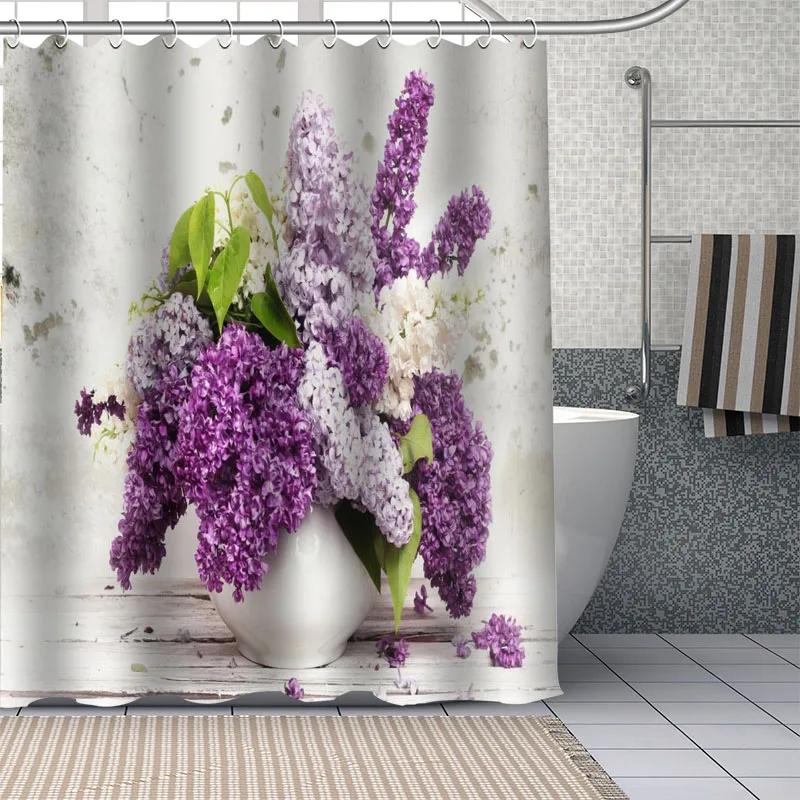 Beautiful Purple Lavender Flowers Shower Curtain Bathroom  Fabric Washable Polyester for Bathtub Art Home Decor with Hook
