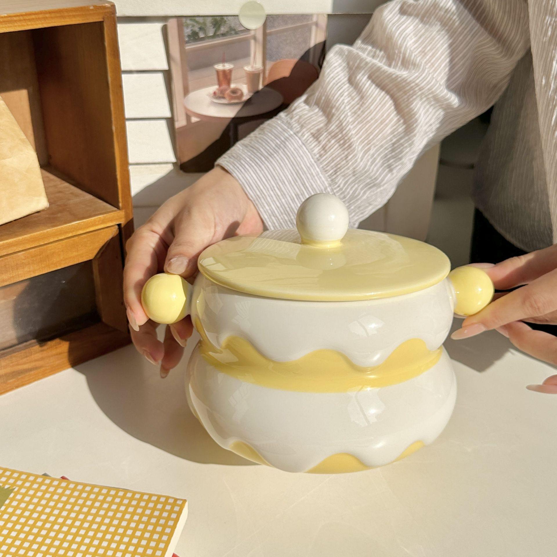 Baifenbai Home Furnishing Cream Ins Wind Cake Instant Noodle Bowl With Lid Cute Ceramic Soup Bowl Household Instant Noodle Bowl Student Dormitory Rice Bowl