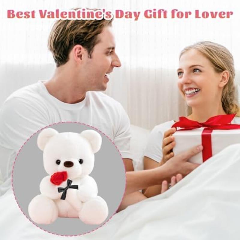 LIHIQIYA White Teddy Bear 25cm, Teddy Bear Holding Rose Plush Toy, Valentine's Day/Easter Gift for Girlfriend Wife