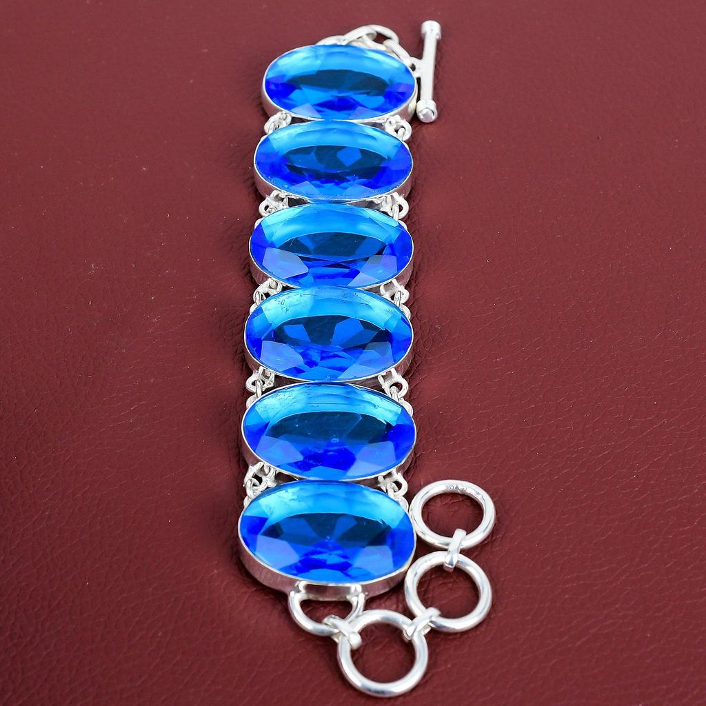 Faceted London Blue Topaz Bracelet Handmade Gemstone Bracelet 925 Sterling Silver Bracelet Adjustable Chain Bracelet Silver Jewelry for Gift